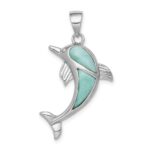 Sterling Silver Rhodium-plated Polished Larimar Dolphin Pendant