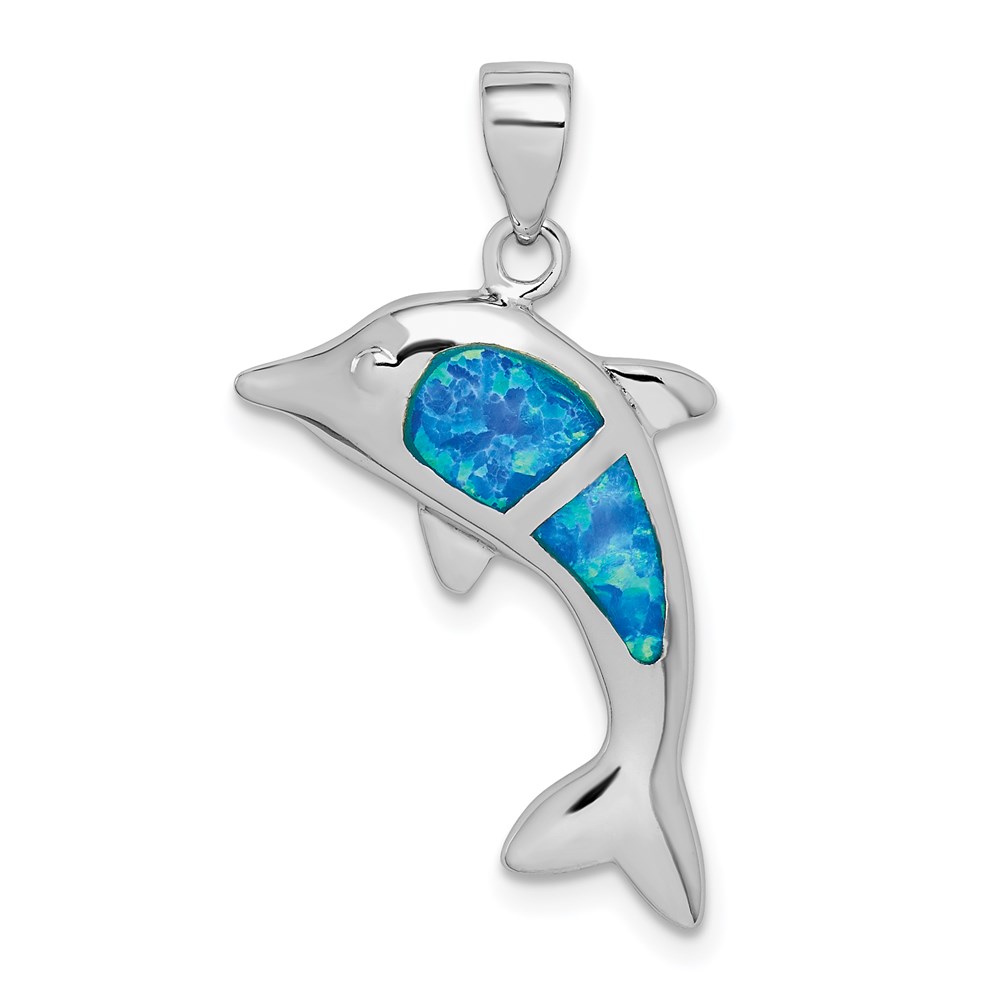 QP5231.jpg Sterling Silver Rhodium-plated Polished Created Blue Opal Dolphin Pendant - Image 1