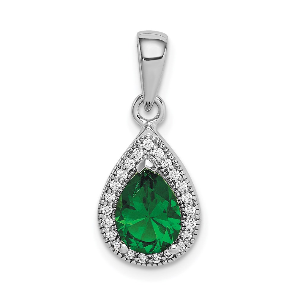 QP5247MAY.jpg Sterling Silver Rhodium Plated Green and Clear CZ Pendant - Image 1