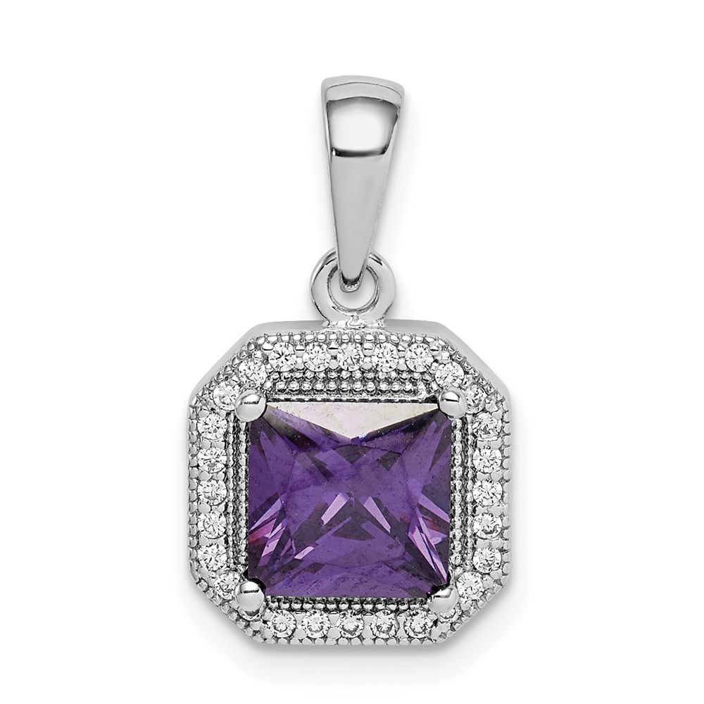 QP5265FEB.jpg Sterling Silver Rhodium Plated Clear CZ and Square Purple CZ Pendant - Image 1