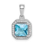 Sterling Silver Rhodium Plated Clear CZ and Square Blue CZ Pendant
