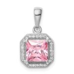 Sterling Silver Rhodium Plated Clear CZ and Square Pink CZ Pendant