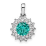 Sterling Silver Rhodium plated Teal & White CZ Pendant