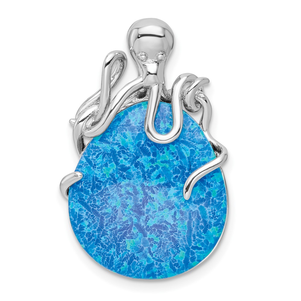 QP5666.jpg Sterling Silver Rhodium-plated Polished Blue Created Opal Octopus Chain Slide - Image 1