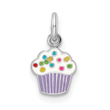 Sterling Silver RH-plated Multi-color Enameled Cupcake Children's Pendant
