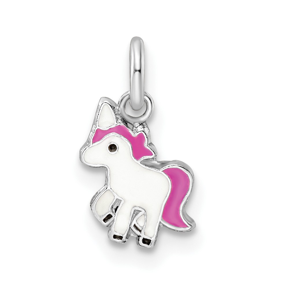QP5700.jpg Sterling Silver Rhodium-plated Pink, White & Black Enameled Unicorn Children's Pendant - Image 1