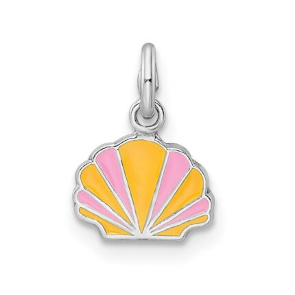 Sterling Silver Rhodium-plated Polished Pink and Orange Enameled Shell Children's Pendant