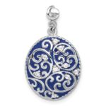 Sterling Silver Rhodium-plated Polished Swirl Blue Enamel CZ Oval Pendant