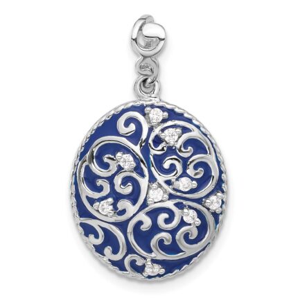 Sterling Silver Rhodium-plated Polished Swirl Blue Enamel CZ Oval Pendant