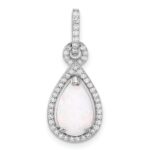 Sterling Silver Rhodium-plated Created Opal and CZ Teardrop Pendant