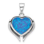 Sterling Silver Rh-plated Blue Created Opal Heart with Wings Pendant - Image 3