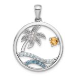 Sterling Silver Rhodium-plated Polished Rainbow Multi-Gemstone Ocean Palm Tree Pendant