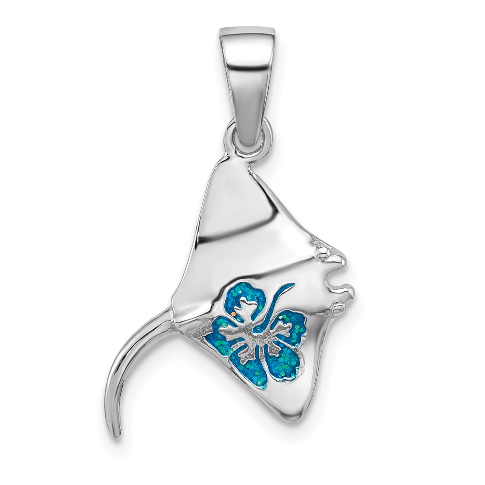 QP5902.jpg Sterling Silver Rhodium-plated Polished Blue Enamel Stingray Pendant - Image 1
