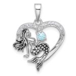 Sterling Silver Rhodium-plated Polished and Antiqued Blue CZ Mermaid Heart Pendant