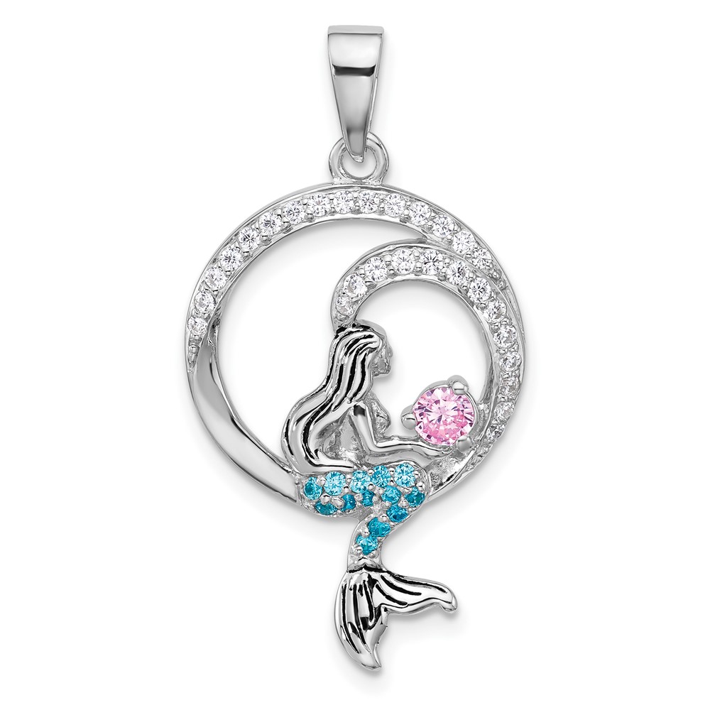 QP5919.jpg Sterling Silver Rhodium-plated Polished and Antiqued White Pink and Blue CZ Round Mermaid Pendant - Image 1