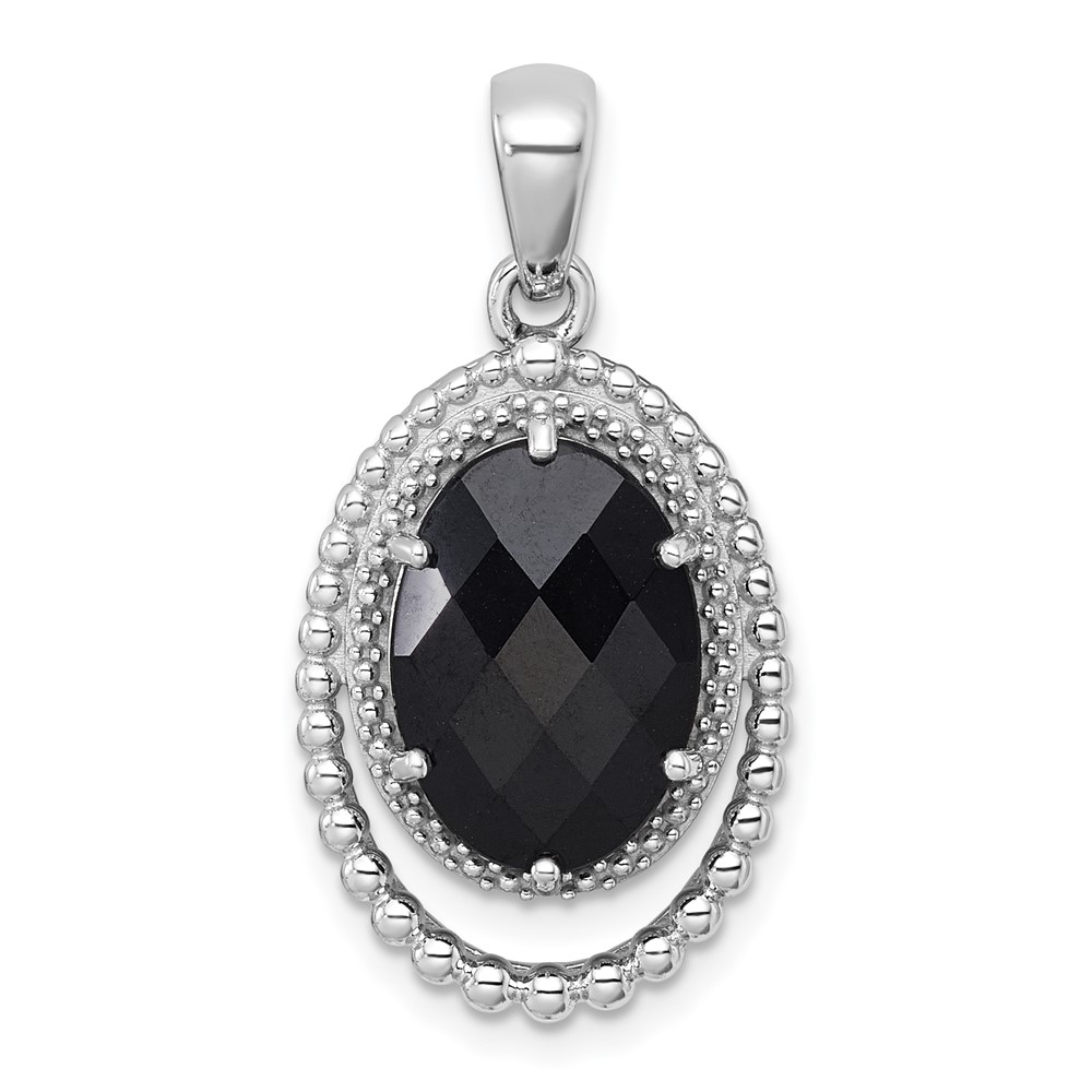 QP5939.jpg Sterling Silver Rhodium-plated Polished and Beaded Faceted Black Onyx Oval Pendant - Image 1