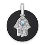 Sterling Silver Rhodium-plated Polished Onyx Circle with Light Swiss Blue Topaz and CZ Hamsa Dangle Pendant