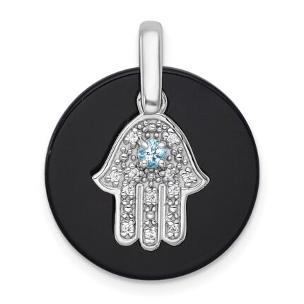 Sterling Silver Rhodium-plated Polished Onyx Circle with Light Swiss Blue Topaz and CZ Hamsa Dangle Pendant