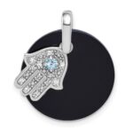 Sterling Silver Rhodium-plated Polished Onyx Circle with Light Swiss Blue Topaz and CZ Hamsa Dangle Pendant - Image 4