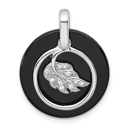 Sterling Silver Rhodium-plated Polished Onyx Circle and CZ Leaf Dangle Pendant
