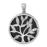 Sterling Silver Rhodium-plated Polished Onyx Circle and CZ Tree of Life Pendant