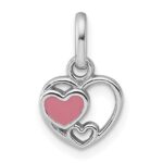 Sterling Silver Rhodium-plated Polished with Pink Enamel Triple Heart Charm Pendant