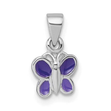 Sterling Silver Rhodium-plated Children's Purple Enamel Butterfly Pendant