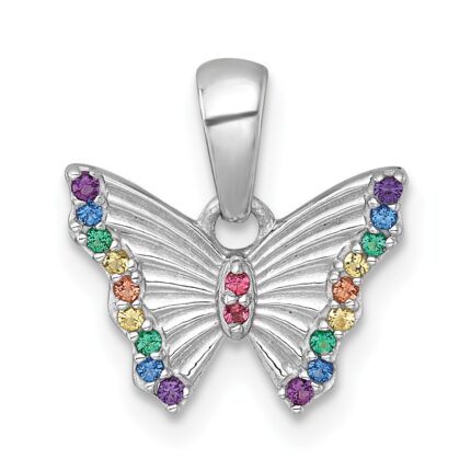 Sterling Silver Rhodium-plated Polished Rainbow Nano Crystals Butterfly Childrens Pendant