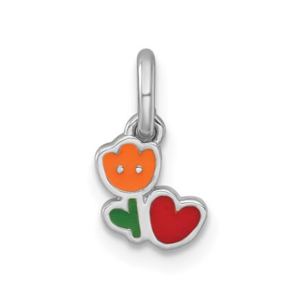 Sterling Silver Rhodium-plated Polished Orange/Red/Green Enamel Flower With Heart Childrens Pendant