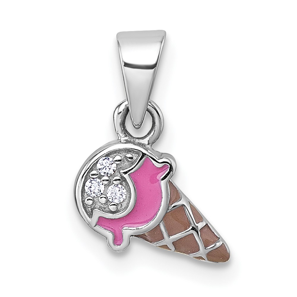 QP5965.jpg Sterling Silver Rhodium-plated Children's Pink and Brown Enamel with CZ Ice Cream Cone Pendant - Image 1