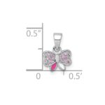 Sterling Silver Rhodium-plated Children's Pink CZ with Pink and White Enamel Bow Pendant - Image 4