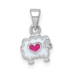 Sterling Silver Rhodium-plated Children's White and Pink Enamel Sheep with Heart Pendant