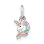 Sterling Silver Rhodium-plated Polished White and Rainbow Enamel Unicorn Head Childrens Pendant