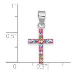 Sterling Silver Rhodium-plated Polished Pink/Blue/Green/Purple Crystal Childrens Cross Pendant - Image 4