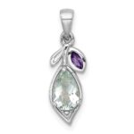 Sterling Silver Rhodium-plated Polished Amethyst and Green Quartz Leaf Pendant