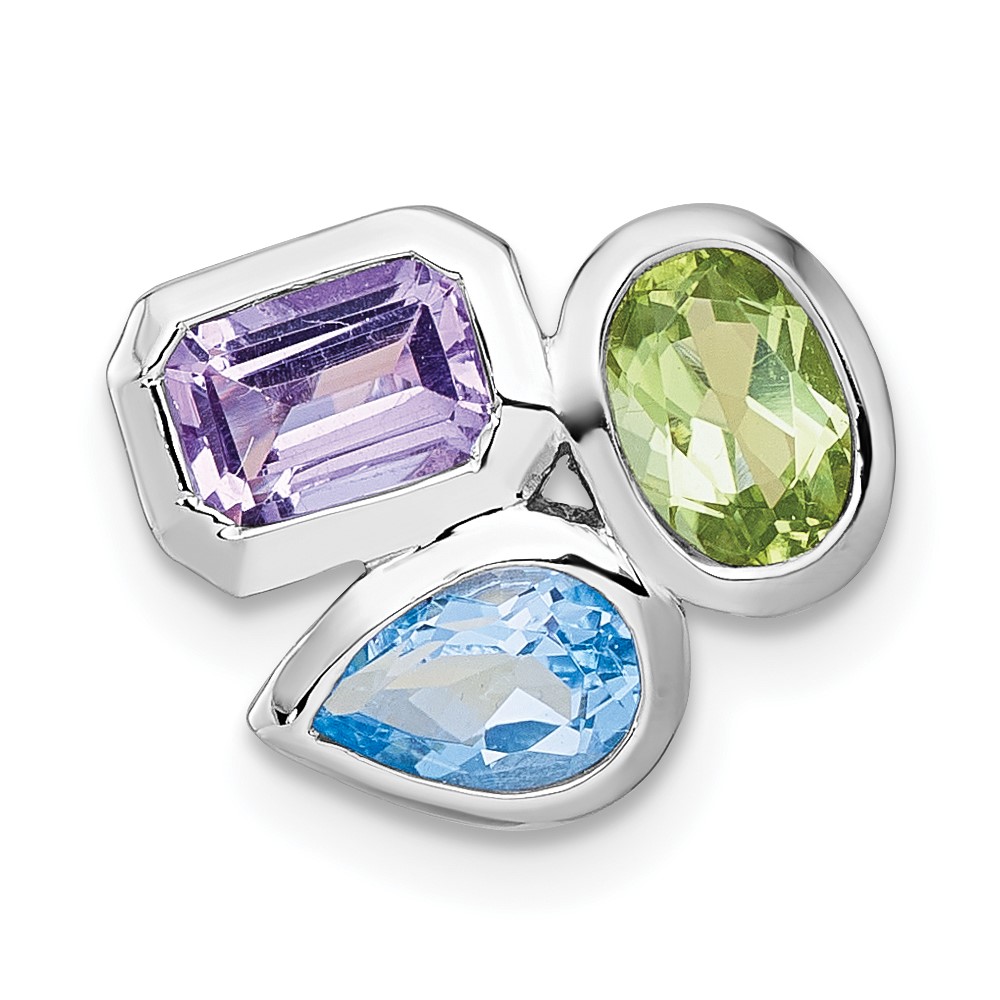 QP6000RB.jpg Sterling Silver Rhodium-plated Polished Pear Blue Topaz, Oval Peridot and Emerald-cut Amethyst Chain Slide Pendant - Image 1