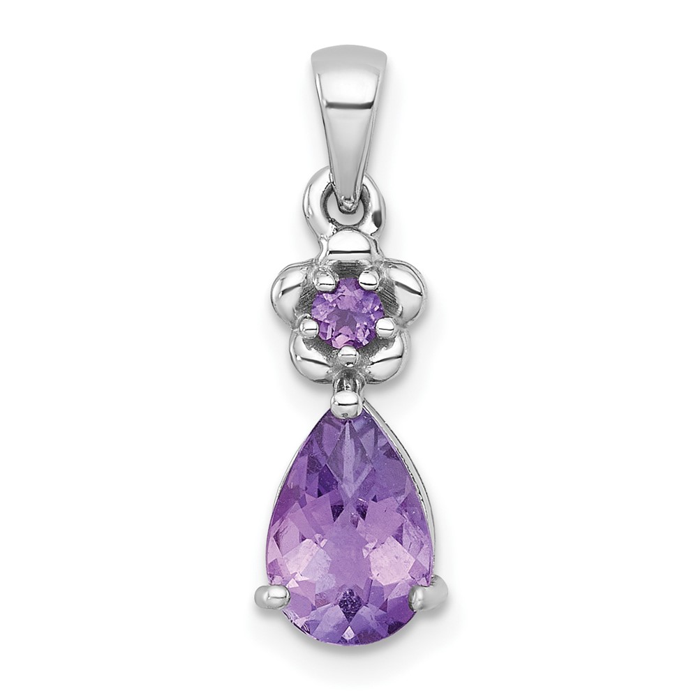 QP6004AM.jpg Sterling Silver Rhodium-plated Polished Amethyst Teardrop and Flower Pendant - Image 1