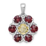 Sterling Silver Rhodium-plated Polished Citrine and Garnet Flower Pendant
