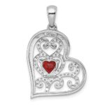 Sterling Silver Rhodium-plated Polished and Beaded Garnet Filigree Heart Pendant - Image 3