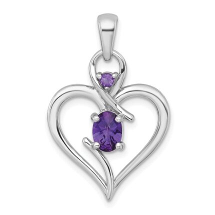 Sterling Silver Rhodium-plated Polished Amethyst Open Heart Pendant