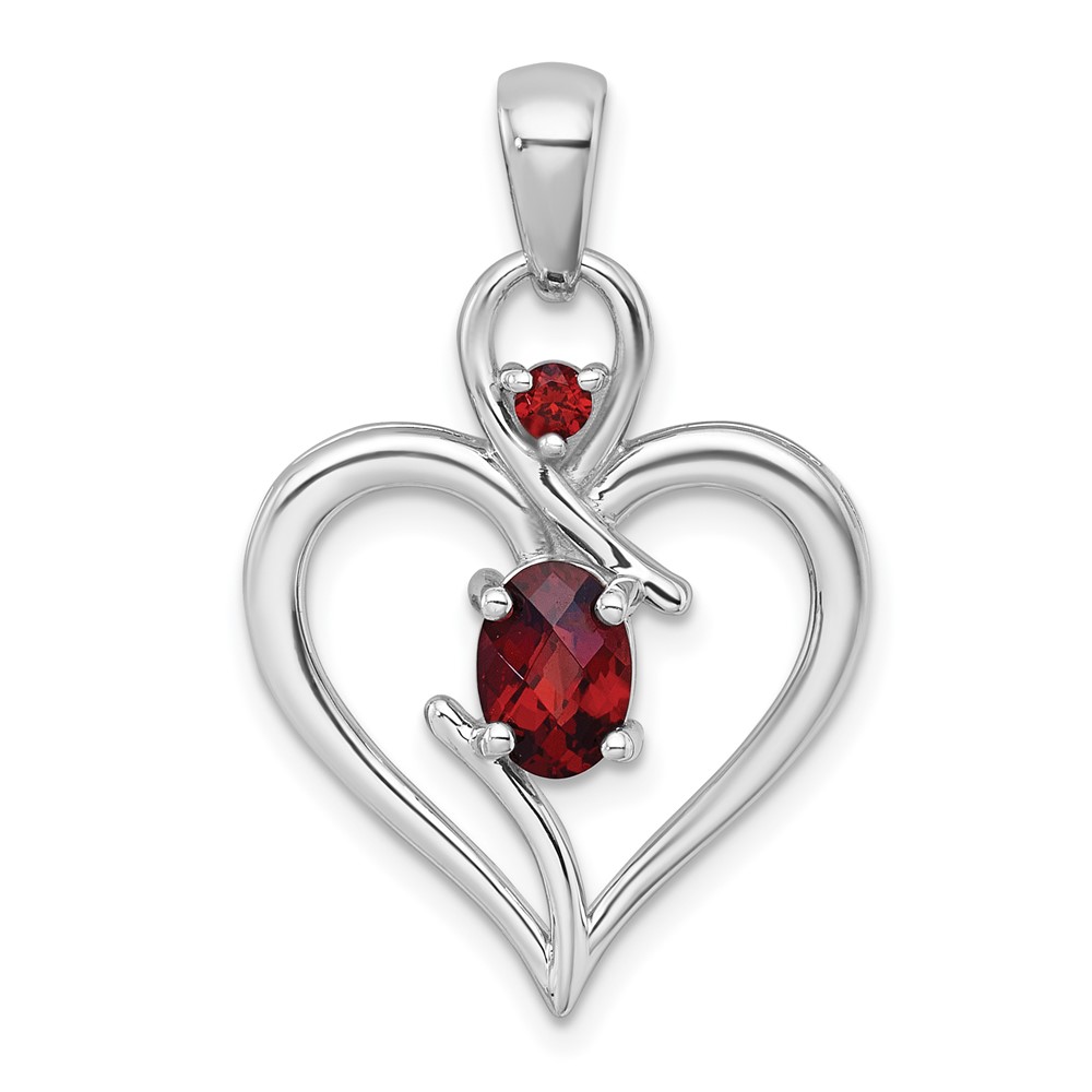 QP6014GA.jpg Sterling Silver Rhodium-plated Polished Garnet Open Heart Pendant - Image 1