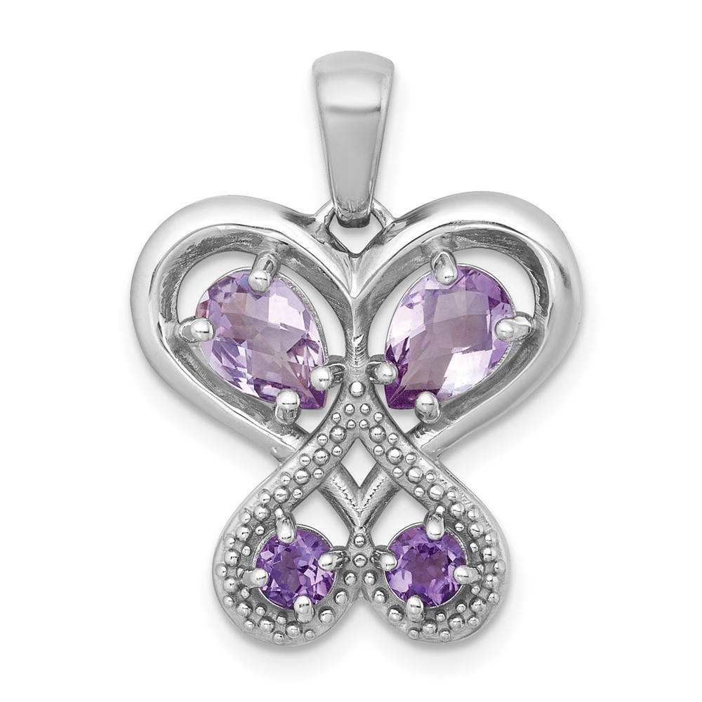 QP6015AM.jpg Sterling Silver Rhodium-plated Polished Amethyst and Rose de France Quartz Heart Butterfly Pendant - Image 1