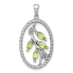Sterling Silver Rhodium-plated Polished Peridot Leaves Twisted Oval Pendant