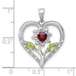 Sterling Silver Rhodium-plated Polished Garnet, Peridot and White Topaz Flower in Heart Pendant - Image 4