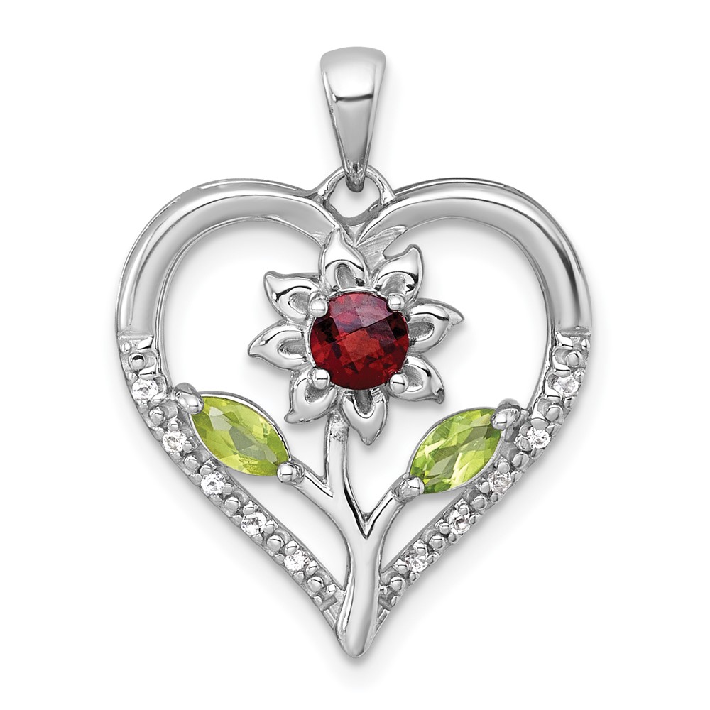QP6022GA_PE.jpg Sterling Silver Rhodium-plated Polished Garnet, Peridot and White Topaz Flower in Heart Pendant - Image 1