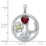 Sterling Silver Rhodium-plated Polished Garnet, Peridot and Light Swiss Blue and White Topaz Good Luck Pendant - Image 4