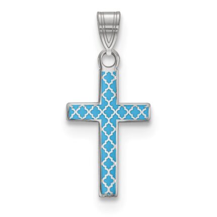 Sterling Silver Rhodium-plated Blue Enameled Cross Hatch Cross Charm