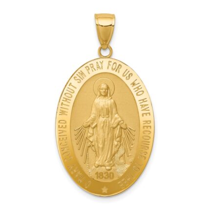 14k Polished and Satin Solid Miraculous Medal Oval Pendant