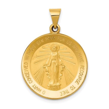 14k Polished and Satin Hollow Miraculous Medal Round Pendant