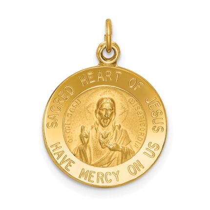 14k Polished and Satin Solid Sacred Heart of Jesus Medal Round Charm